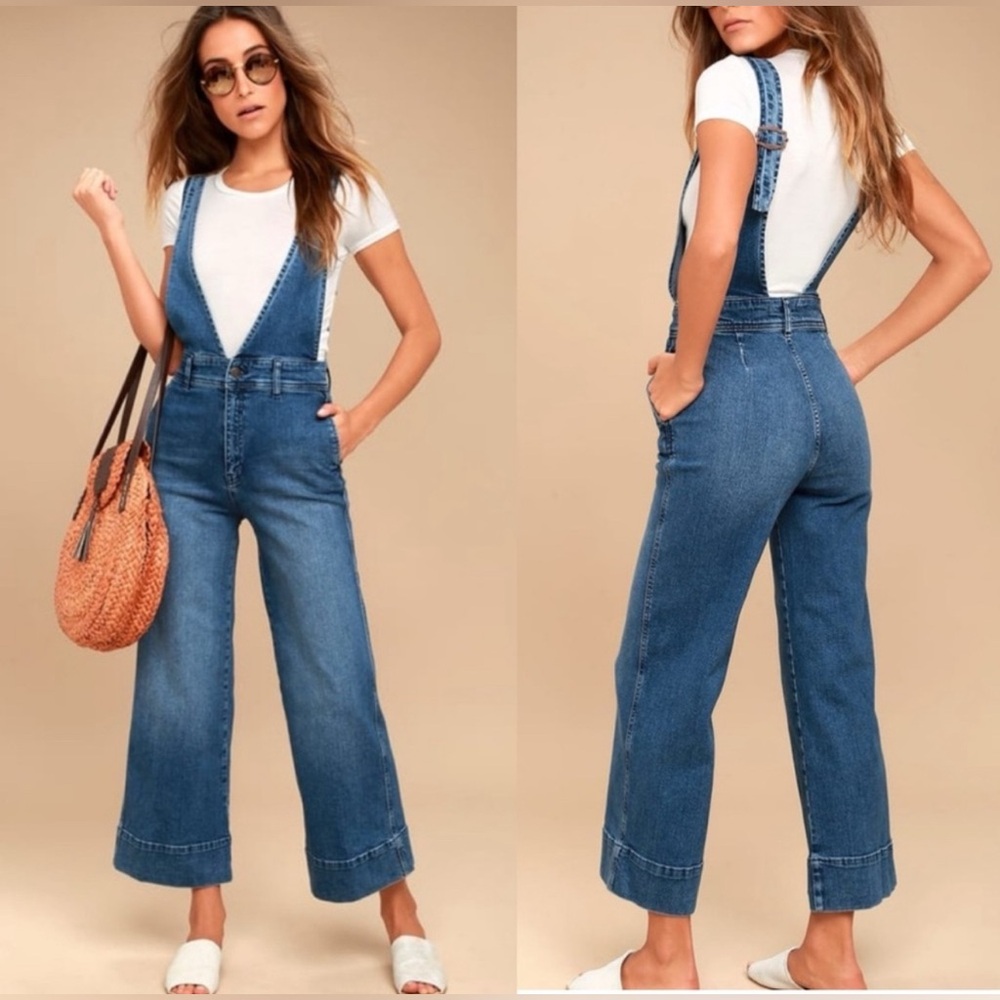 Free People Wide Leg Cropped A-Line Overalls Jumpsuit Pockets Size 2 Small Flare
